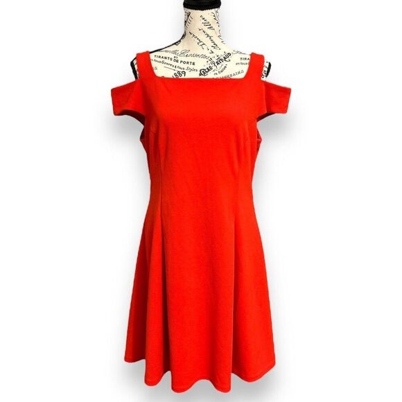 Vince Camuto 14 Red Crepe Midi Dress Cold Shoulder Lined Elegant Cocktail - Picture 2 of 7